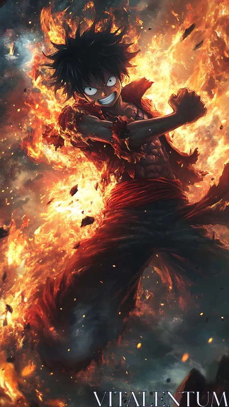 Male anime fighter in burning environment, clenched pose.