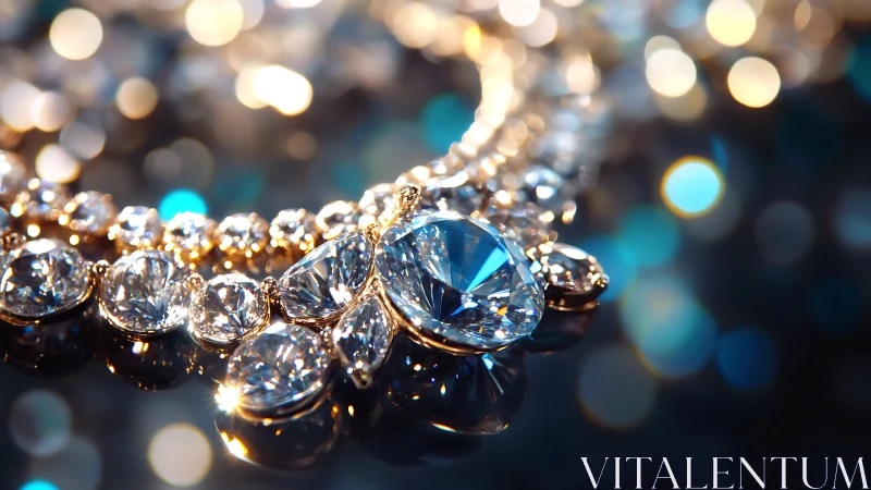 Close-up of diamond necklace with gold setting and bokeh light.