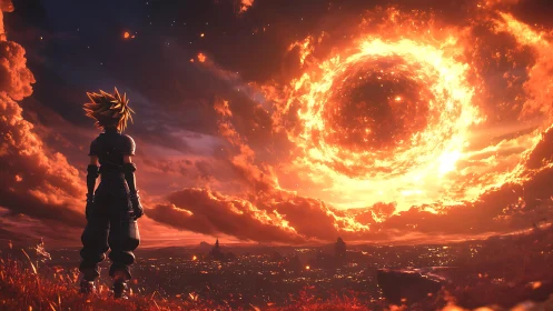 Spiky haired hero observing vast fiery sky vortex.