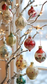 Vintage glass ornaments hang on frosted branches with warm bokeh