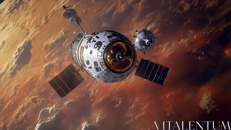 Orbital spacecraft pair above illuminated cloud layers.