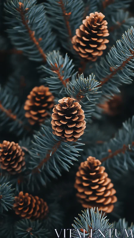 Tightly framed macro study of spruce cones and blue-green needles