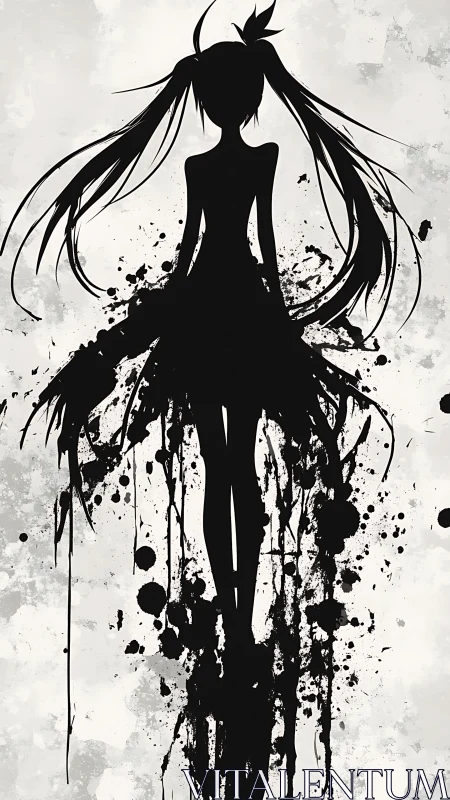 High-contrast ink splatter silhouette of long-haired anime girl