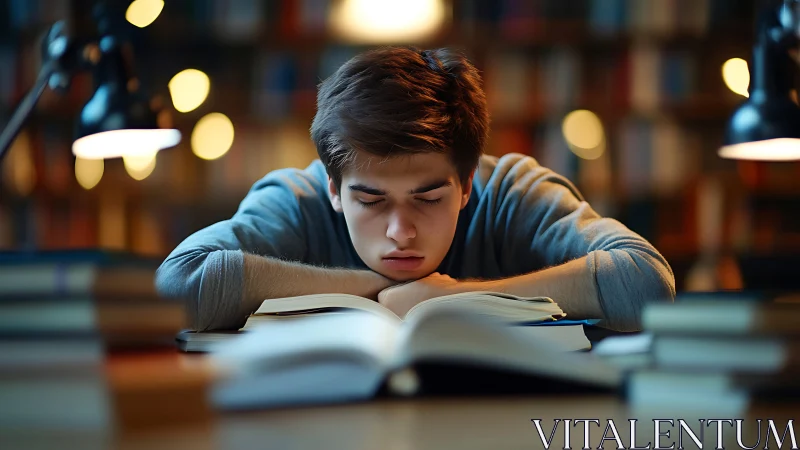Tired student sleeping over textbook in quiet library.