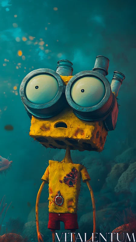 Surreal sponge robot explores deep teal ocean abyss.