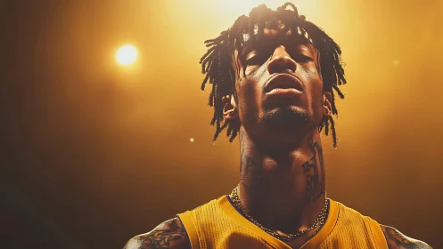 Basketball player stands in golden arena light, eyes closed