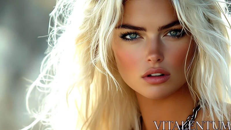 Intense closeup portrait of blonde woman outdoors in light