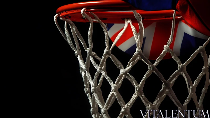 Basketball hoop frames bold Union Jack in dramatic light