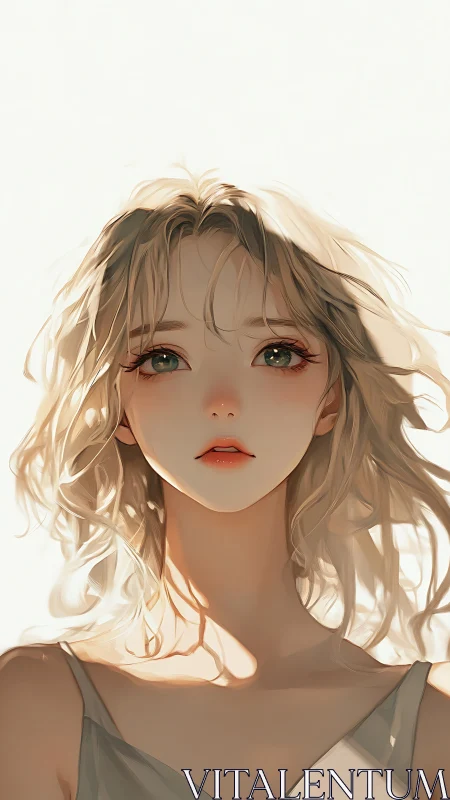 Sunlit daydream girl with soft windswept blonde hair.