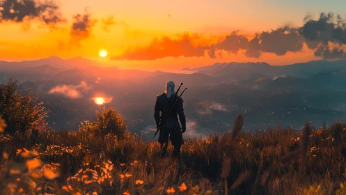 Digital painting sunset vista with lone armored wanderer figure.