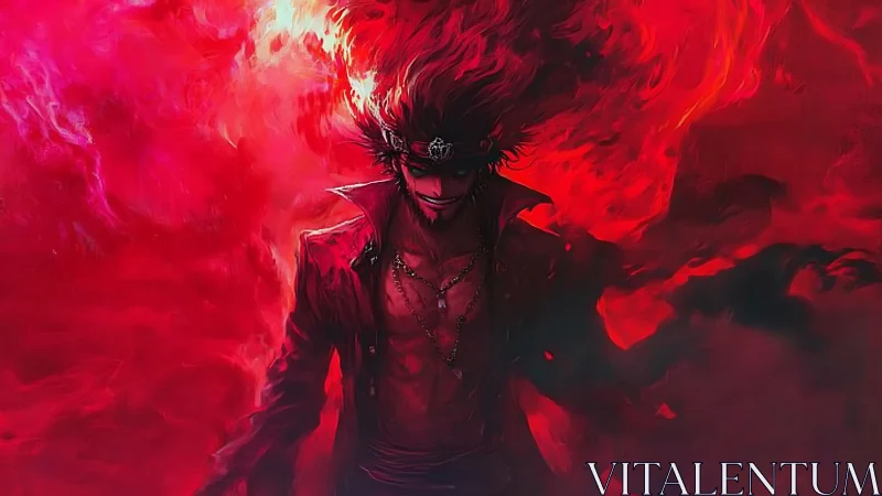 Infernal anime antihero in crimson flame-drenched composition.