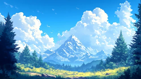 Sunlit valley beneath bright clouds and quiet blue peaks.