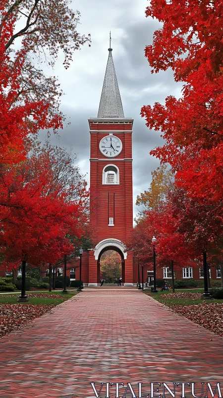 Clock tower walkway framed by glowing red autumn trees.