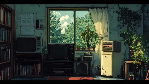 Interior view frames vintage electronics, books and foliage