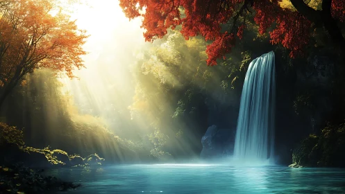 Sunlit forest waterfall framed by vivid autumn foliage.