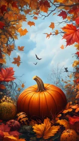 Large pumpkin centered among autumn leaves under blue sky