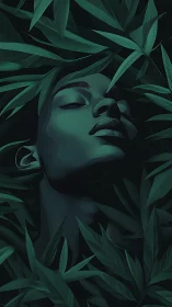 Digital painting portrait immersed in lush abstract foliage.
