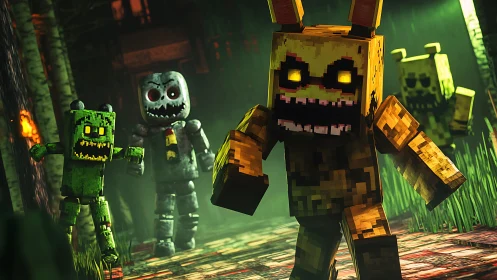 Blocky animatronic figures move through a lit forest path