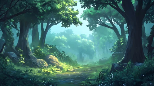 Enchanted forest pathway with towering ancient trees and luminous clearing.