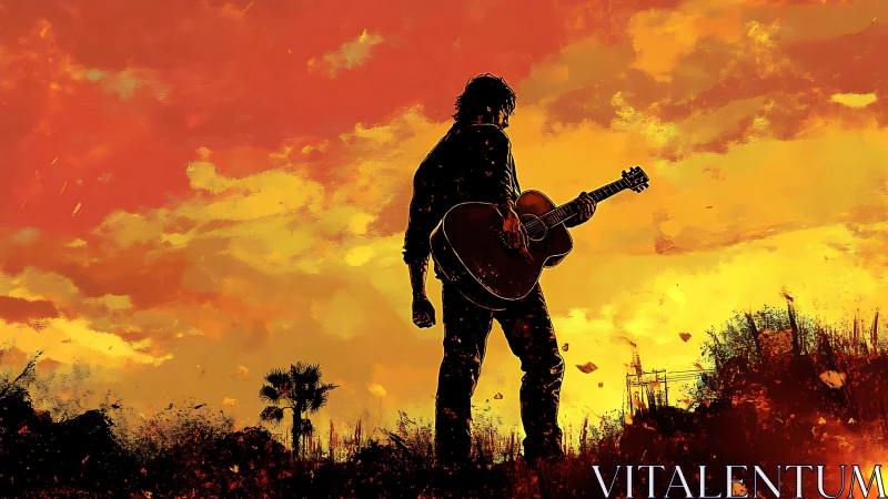 Lone sunset guitarist soaking the horizon in burning chords.