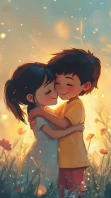 Children embrace in golden meadow glow.