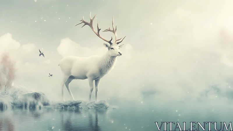 Majestic white stag over misty lake in ethereal light.