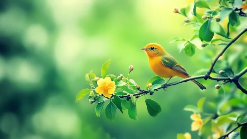 Bright yellow songbird on flowering branch, vibrant nature photography.