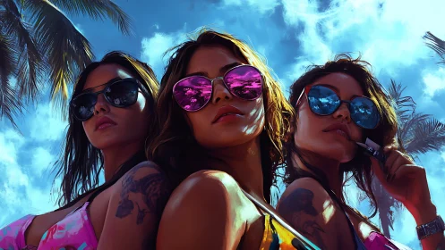 Triadic low-angle beach portrait with polarized lens reflections