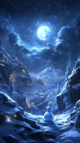 Moonstruck snowman gazes over star-swept winter valley.