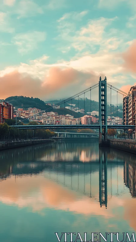 Suspension bridge over calm river with pastel sky reflection.