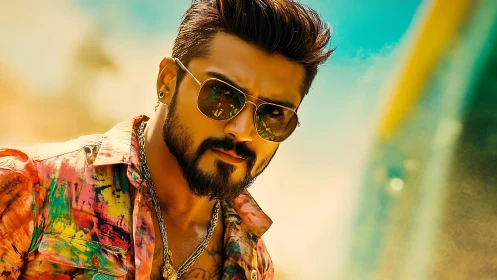 Confident bearded man in sunglasses poses in golden sunlight