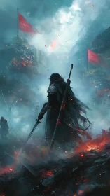 Lone cloaked warrior surveys burning battlefield under red flags