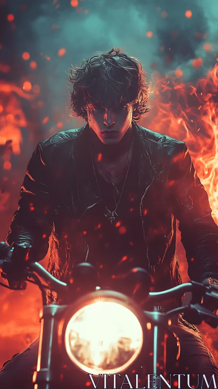 Motorcyclist in leather jacket framed by intense flames.