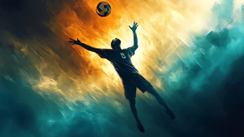 Soaring soccer dreamer reaching for a blazing sky ball.