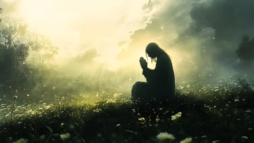 Silhouetted figure kneels in prayer within glowing meadow light