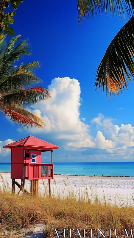 Crimson Lifeguard Tower Stands Watch Over Paradise Coastline
