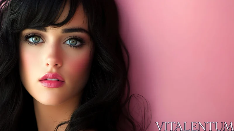 Digital portrait with teal eyes against soft pink wall.