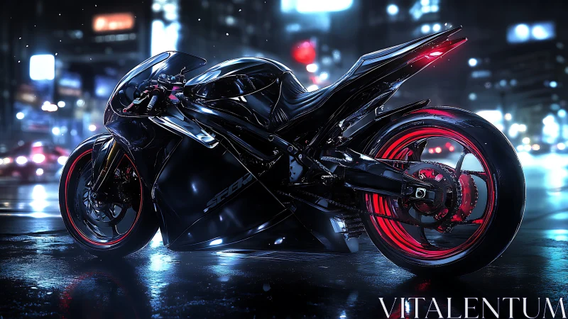 Neon storm superbike prowls wet cyberpunk city streets.