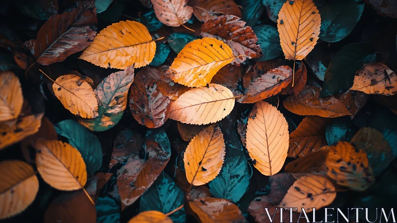 Golden autumn leaves rest over dark wet forest ground