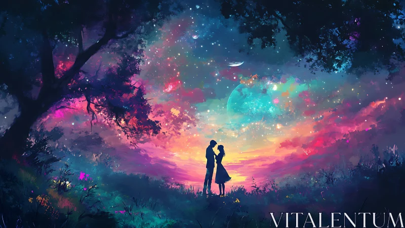Silhouetted Romance Beneath Neon Nebula Dreams.