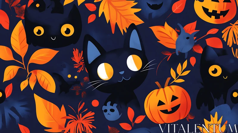 Whimsical Black Cats Dance Among Autumn's Golden Jack-O'-Lantern Dreams.