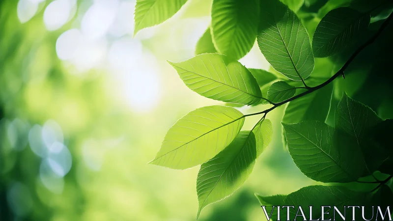 Backlit green leaves with soft bokeh forest glow.