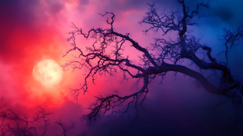 Surreal moonrise with silhouetted branches in neon gradient sky.