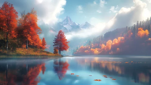 Autumn lake reflection under misty snowcapped mountains.