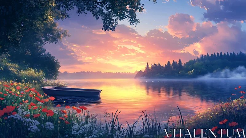 Gentle sunrise glows over a quiet lake and drifting rowboat