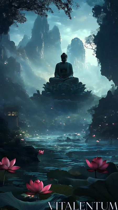 Seated Buddha statue above misty lotus pond and cliffs.