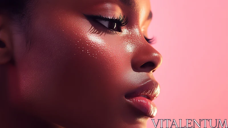 High-gloss close-up profile shows specular skin and precise eyeliner