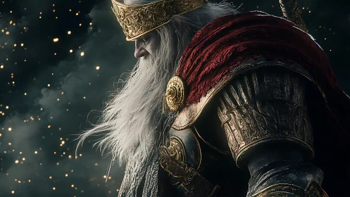 Elderly armored king in profile with crown and red cloak.