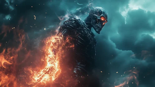 Flaming skeletal humanoid stands in dense turquoise storm clouds
