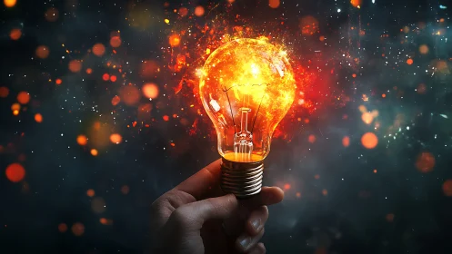 Hand holds blazing lightbulb igniting cosmic sparks.
